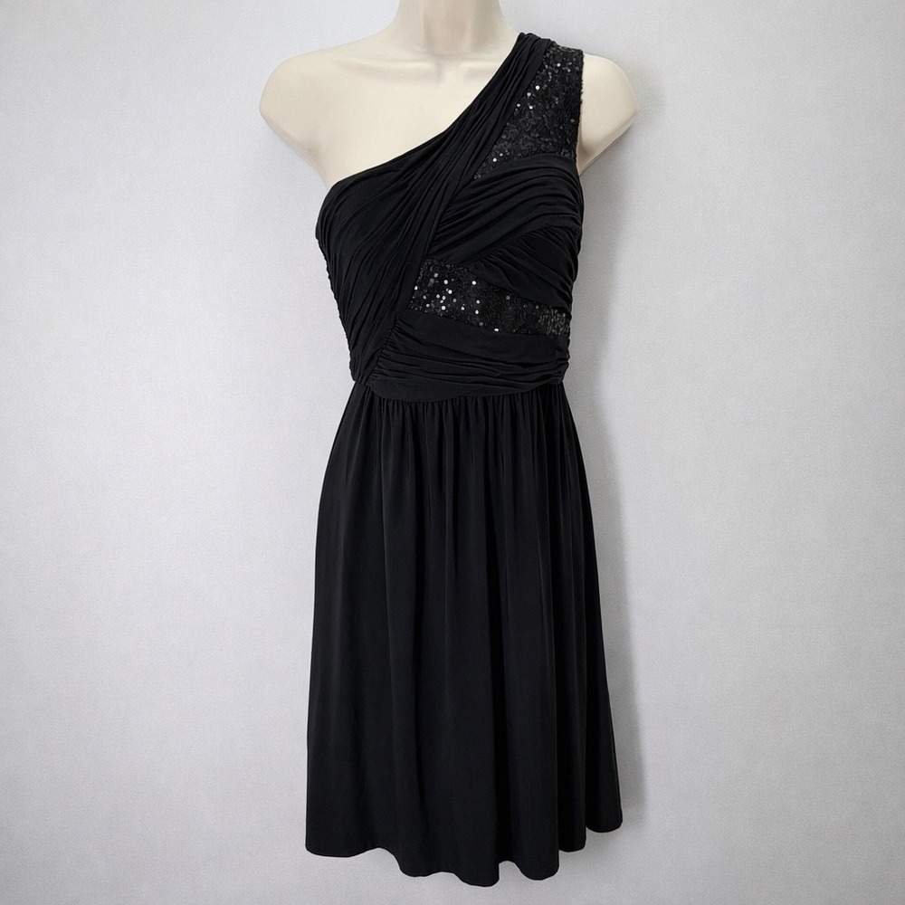 Max & Cleo One Shoulder Emilly Cocktail Dress 6 Black Stretch Sequin Ruched